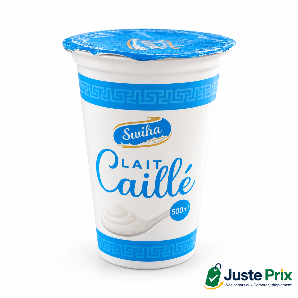 Pot de lait caillé Swiha 500 ml, emballage bleu et blanc sur fond blanc Juste Prix.